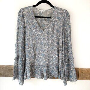 NWOT Rebecca‎ Minkoff Floral Bohemian Blouse Blue Gray XS Bell Sleeves